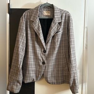 Free People Oversized Neutral Plaid Blazer Women’s L NWOT Black Tan White Jacket